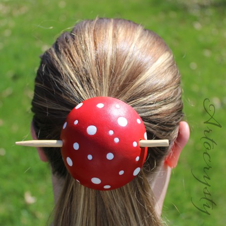 Leather Amanita Mushroom Head Bun Holder Slide Barrette with Stick, Hippy Barrette, Festival Hair Accessory, Medium Shallow size