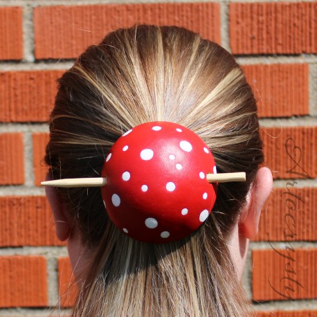 Leather Amanita Mushroom Head Bun Holder Slide Barrette with Stick, Hippy Barrette, Festival Hair Accessory, Medium size