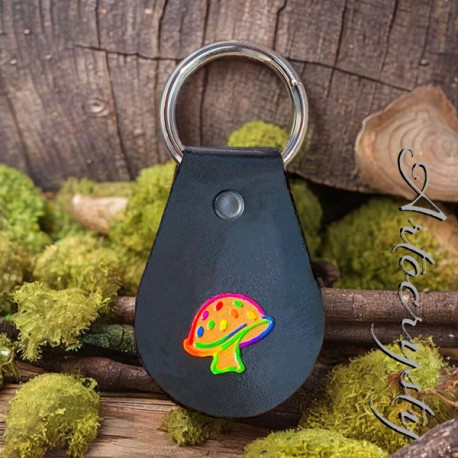 Black Leather Rainbow Mushroom Keychain, Stamped and Hand Painted Leather Mushroom Key Chain Cute Mushroom Key Fob