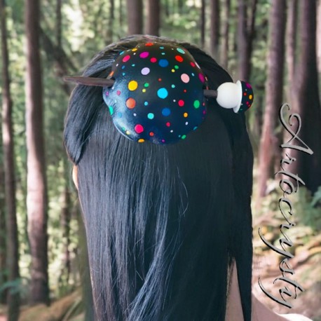 Black Amanita Mushroom Head Bun Holder Slide Barrette with Mushroom Hair Stick, Size Medium