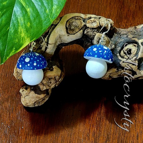 Blue Mushroom Earrings, Blue Wood Toadstool Earrings, Blue Amanita Mushroom Earrings, Mushroom Dangle Earrings