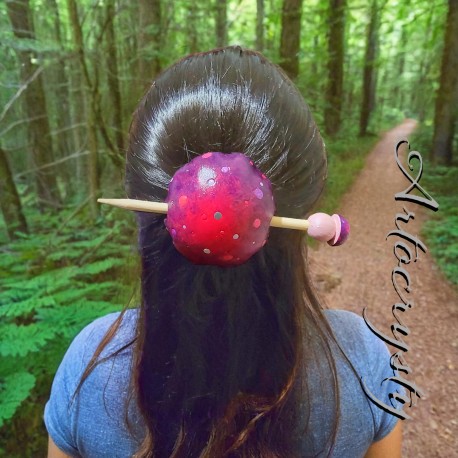 Pink n Purple Amanita Mushroom Head Bun Holder Slide Barrette with Mushroom Hair Stick
